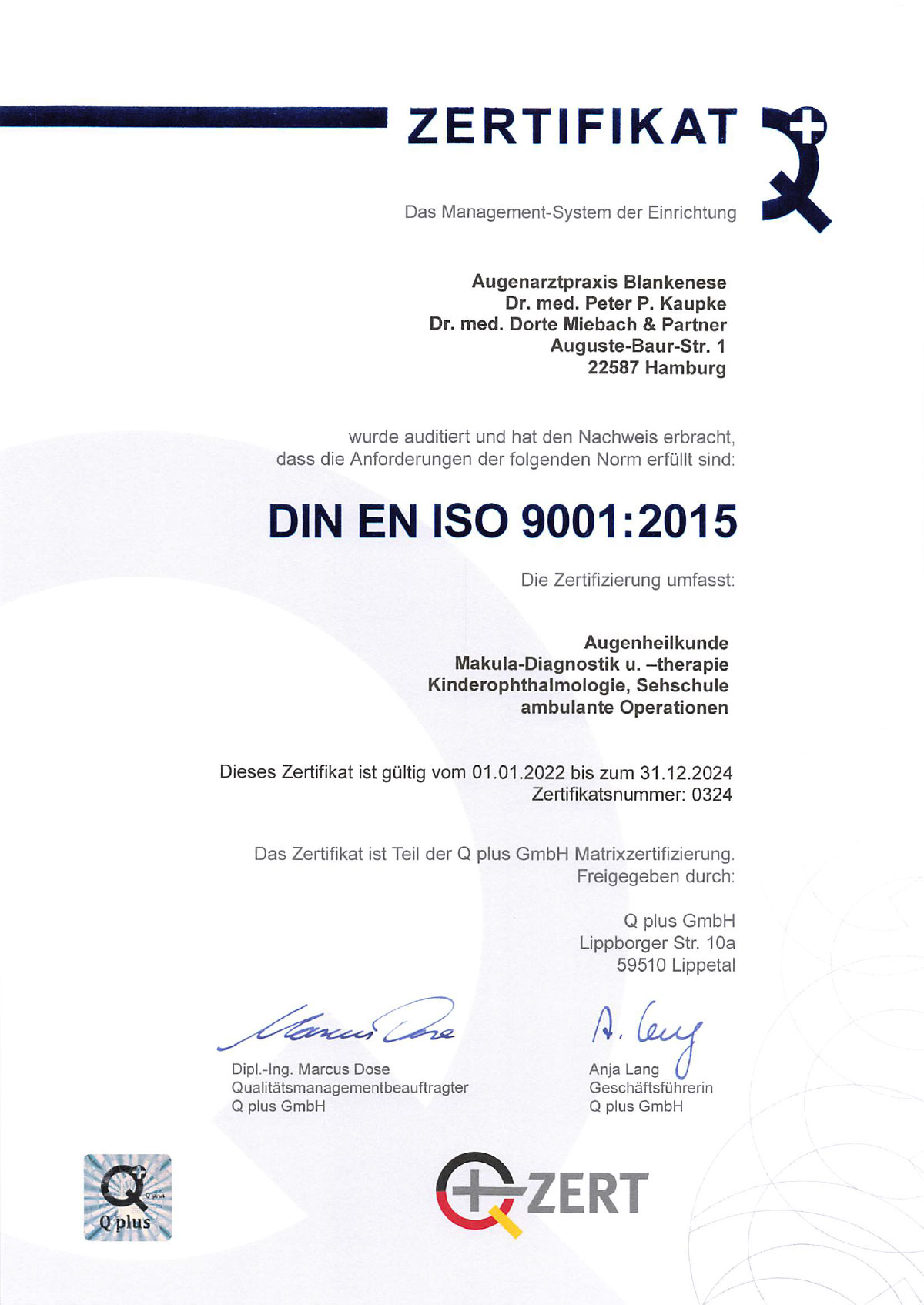 Q+ Zertifikat Praxis Blankenese DIN EN ISO 9001-2015