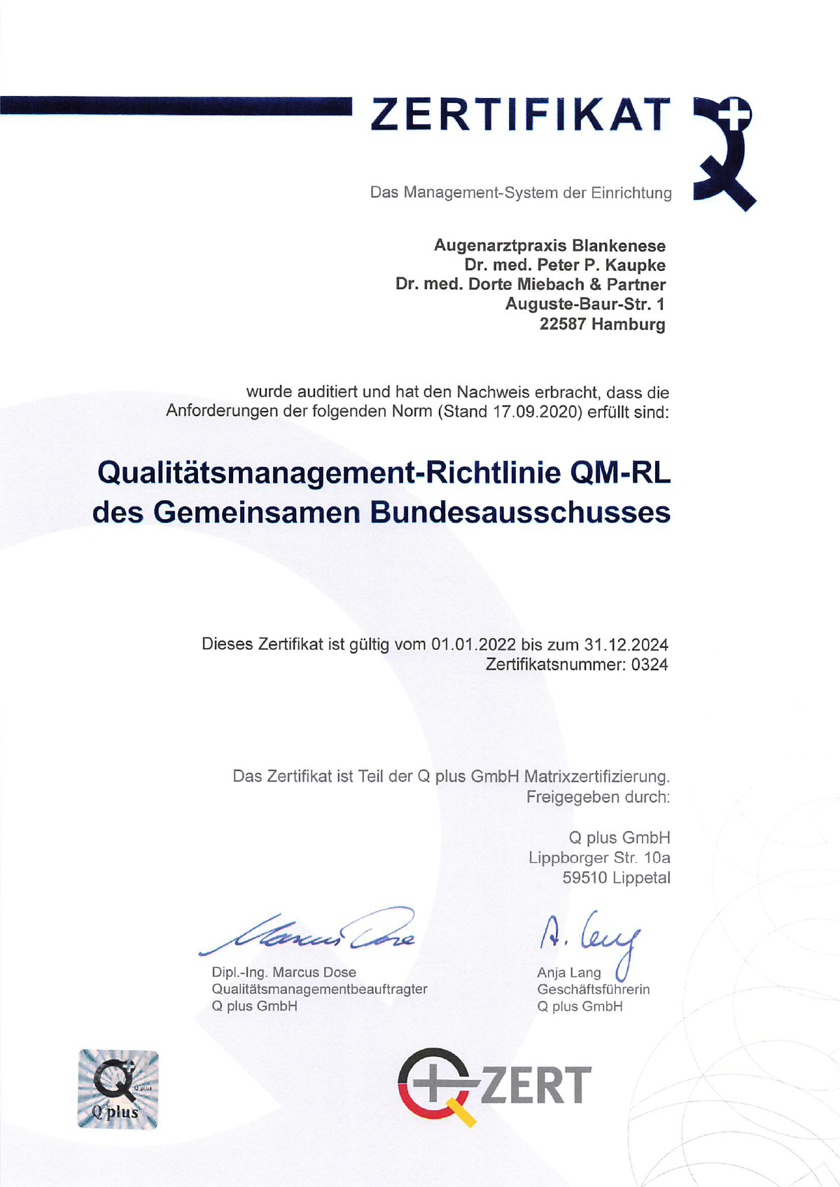 Q+ Zertifikat Praxis Blankenese Qualitätsmanagement