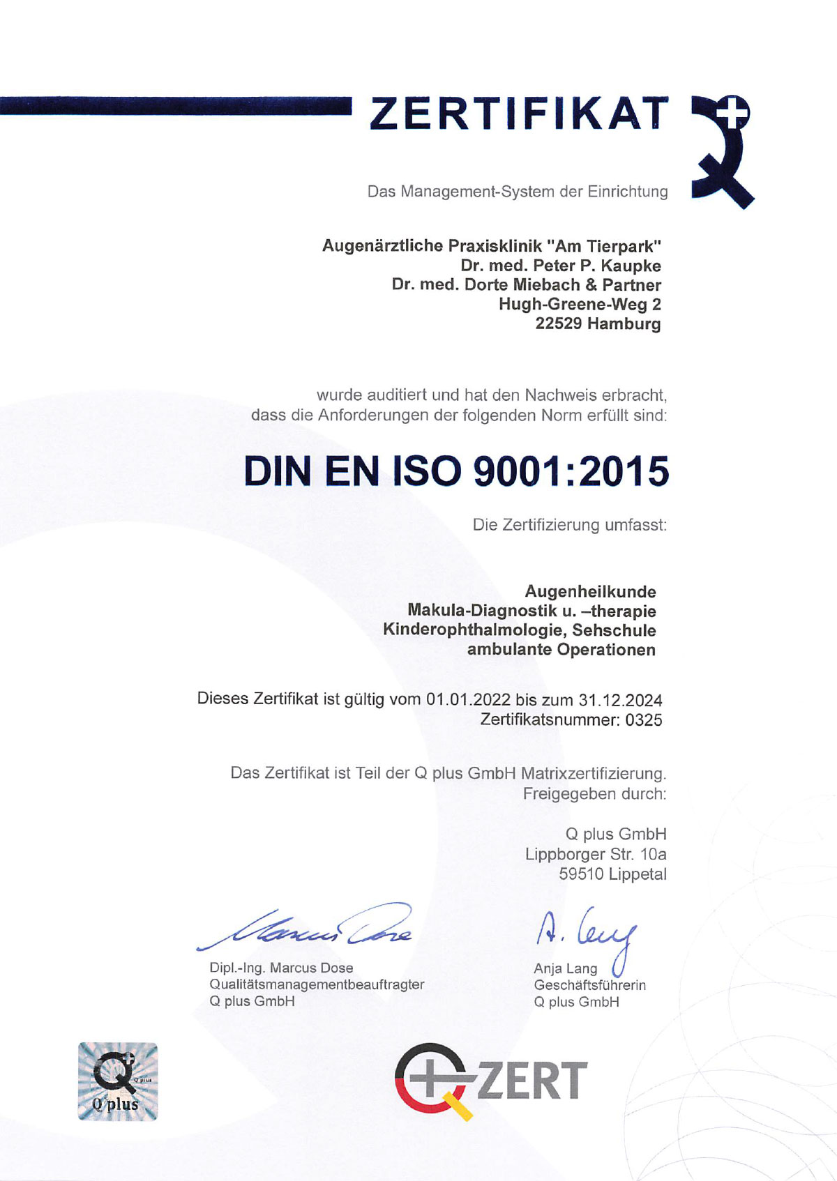 Q+ Zertifikat Praxisklinik DIN EN ISO 9001-2015