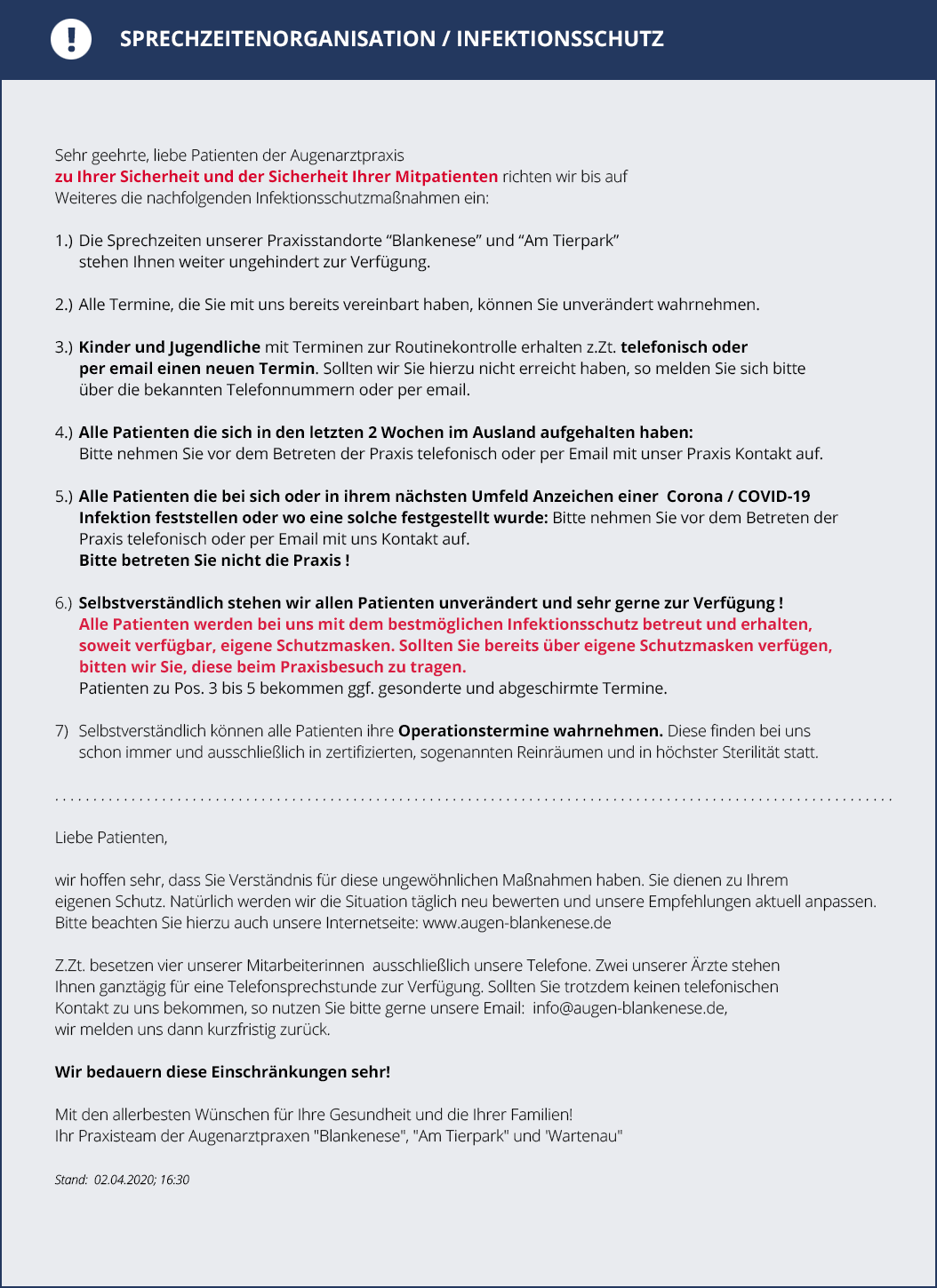 Notfallsprechstunde / Infektionsschutz