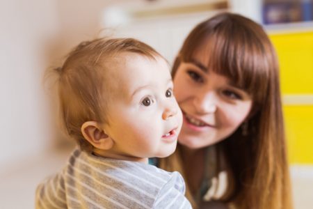 Close Up,Portrait,Of,Happy,Mother,With,Adorable,Baby,Boy,Indoors